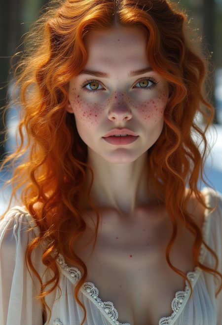 m0d3rn1mpr, close up of a pale-skinned woman with long curly ginger hair, heavy freckles, piercing hazel eyes, she is standing in a forest, and wears a long white dress, dappled shadows cover her face, pine forest, it is winter and there is snow all around, she is absolutely gorgeous. She is not looking at the viewer