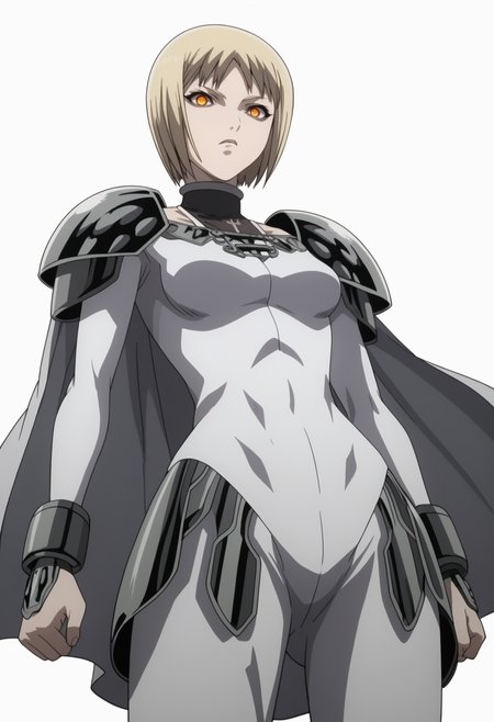 score_9, score_8_up, score_7_up, source_anime, BREAK , 1girl, solo,,  white background, cowboy shot, <lora:DX888Clare:1>clare, bodysuit, cape, pauldrons,   grey eyes, medium breasts, ,dynamic pose,  anime screencap,  from below,