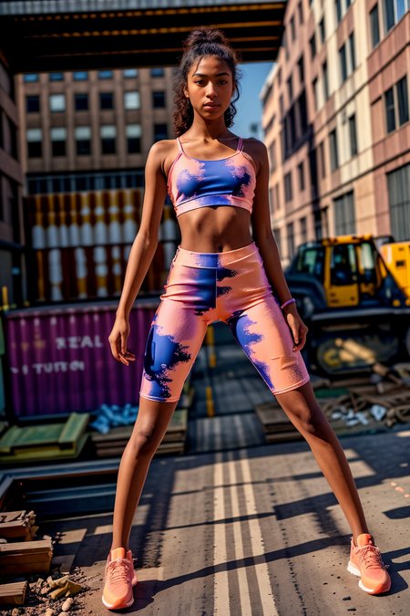 <lora:LCM_LoRA_Weights_SD15:1>,A 25yo old Woman <lora:skin_tone_slider_v1:0.25>,(wears a create powerful and varying colors patterns Cream, Peach, and Coral,bike shorts,b1k3r5h0rt5,navel,and a loose cotton crop top),<lora:b1k3r5h0rt5-v3:0.7>,action a large construction site, featuring cranes, multiple building sections, busy workforce, and various construction vehicles,dynamic pose,(full body:1.4),(full shot:1.4),(full body shot:1.4),,(from Above:1.3),, (highly detailed skin with hairs:1.1),(detailed skin:1.1),detailed face,(detailed eyes:1.1),very high intricate detailing,sharp focus,Masterpiece,best quality,photo,realistic,very aesthetic,