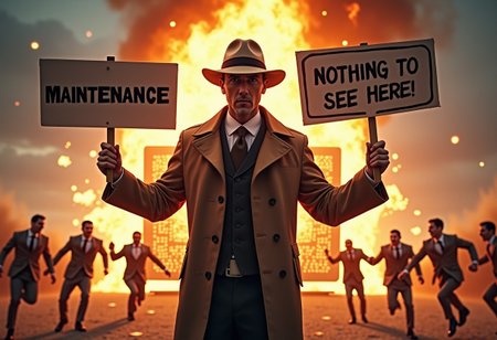 A detective in a brown trenchcoat is looking at the viewer. In one hand he holds a sign that reads: "MAINTENANCE". In the other hand he holds a sign that reads: "NOTHING TO SEE HERE!". Behind the detective are several people running around and screaming in exaggerated panic. Behind those people, a building-sized laptop is on fire, with small explosions and showers of sparks everywhere. The laptop must be recognizable and clearly visible. The image should be funny and comical.
