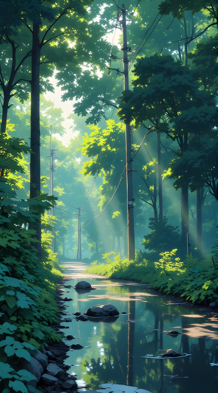A serene and enchanting depiction of a forested path, where nature and human-made elements coexist in harmony. The setting is bathed in soft, diffused light that filters through the dense canopy of trees above, casting a gentle glow over the entire scene. The sky is a mix of vibrant greens and blues, with sunlight breaking through the foliage to create dappled patterns of light and shadow on the ground below.
A network of power lines crisscrosses the frame, their cables stretching across the scene like delicate threads woven into the natural landscape. These lines add an element of modernity, contrasting sharply with the organic forms of the trees and undergrowth. The trees themselves are lush and verdant, their leaves a rich tapestry of varying shades of green, some illuminated by the sunlight while others remain cloaked in shadow.
The path beneath is reflective, its surface mirroring the surrounding environment like a liquid mirror. This reflection doubles the visual impact, creating a sense of depth and symmetry as the trees and power lines seem to extend endlessly into the distance. The overall atmosphere is one of tranquility and mystery, as though this place exists at the intersection of reality and dream. The interplay of light, shadow, and reflection invites the viewer to linger, exploring the subtle details and imagining the stories hidden within this quiet, ethereal world.
j_art, anime, anime art, <lora:FLUX\jul\J_Anime:0.7>, <lora:FLUX\RealAnime:0.7>