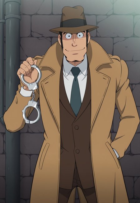 solo, masterpiece, modern, new, 1boy, male, masculine face, daddy looking face,

LupinZenigata, black hair, sideburns, fedora, trench coat, necktie, shirt, standing, holding handcuffs, looking at viewer, smiling