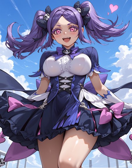 score_9,score_8_up,source_anime,(anime styal:1.1),anime,rating_explicit,1girl,<lora:lanmei-000032:1>,Lanmei haoxiongdi,twintails,purple hair,pink eyes,solo,perfect face,bedutiful eyes,<lora:DetailedEyes_V3:1>,slim waist,<lora:add-detail-xl:2>,<lora:ClearHand-V2:1>,magical girl,bow,gloves,white gloves,boots,purple bow,dress,skull hair ornament,looking at viewer,hair ornament,large breasts,black bow,black footwear,hair bow,heart,dress,(looking at viewer:1.1),blue sky,Sexy pose,elegant,School,wind,Laugh,blush,close-up,