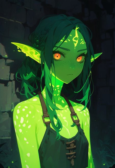 score_9, score_8_up, score_7_up, score_6_up, NLSTN, 1girl, Gith, pointed ears, spots on skin, flat nose, green skin, fantasy, dungeon background, glowing, dark