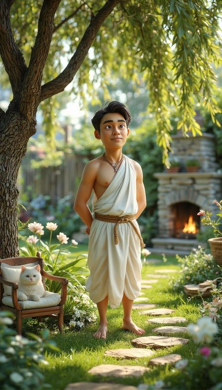 <lora:Cute_Collectibles.safetensors:1>
In a tranquil garden, bathed in the soft, diffused light of a serene morning, a middle-aged man stands with a calm and collected demeanor. His age is around 45, and his ethnicity is Indo-Aryan, with a gentle, weathered face that speaks of a life lived in harmony with nature. He wears a simple, flowing white tunic, cinched at the waist with a delicate, gold-threaded belt. His feet are bare, grounded in the lush, emerald grass that surrounds him.
The garden is a tapestry of pastel tones, with gentle hues of light blues, soft pinks, and tender greens. A small, rustic wooden armchair sits under a willow tree, its branches cascading gracefully, providing a canopy of tranquil shade. A delicate, white cat curls up on the armchair, its soft fur blending seamlessly with the chair's cushions. A nearby stone path, lined with blooming flowers, leads to a serene, sunlit room with a warm fireplace. The gentle crackle of the fire can be heard, its flickering flames casting a soothing, golden glow.
The air is filled with the sweet scent of jasmine and the soft chirping of birds. A gentle, warm breeze rustles through the leaves, creating a symphony of natural sounds. The man stands with his hands clasped behind his back, his expression one of profound peace and contentment. His eyes, though not emission-glowing, reflect the serenity of his surroundings, and his posture exudes a sense of deep, unshakable tranquility.
The entire scene is a haven of safety and comfort, where every element contributes to a feeling of profound peace and security. The viewer is enveloped in a sense of warmth and ease, as if they too have found a sanctuary from the world's turmoil.