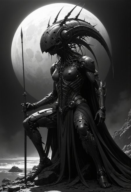 The lance must drown in the flesh Fish and man sink to the depths Where the black soul lives There is no light on the horizon. (karate stance:2). pointing at the viewer.  <lora:- Flux1 - vanta_black_V1.0.safetensors:0.66>, <lora:artisketchyfs-v02.safetensors:0.75>,   <lora:Giger_2_0.safetensors:0.25>,