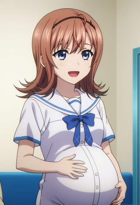 best quality, masterpiece, 4k, perfect lighting, very aesthetic, anime, anime coloring, official art, anime screencap,
OverallDetail, fFaceDetail, 
bedroom, happy, pregnant belly, hand on belly,
Yume, brown hair, wings, school uniform, white shirt,
<lora:Pregnant Bump:1>