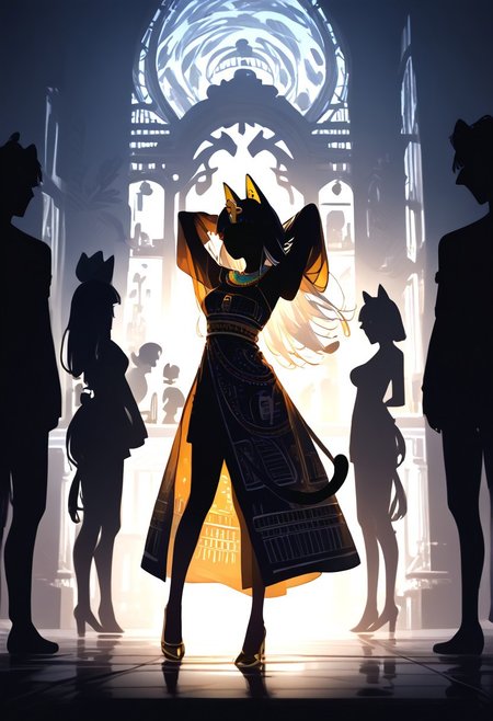 (masterpiece, best quality), (score_9, score_8_up, score_7_up,source_anime), 4K8K, high res image, Uncorrected, white print, lineart print, print, 
from front, Porcelain wall, 
Ankha_(Animal_Crossing), (silhouette Ankha solo:1.3), 
(animals), silhouette, backlit, backlighting, dark night, Porcelain Mix Gold, pmg style, 
(golden lines, white silhouette skin, Skin like porcelain), 
standing on tiptoes, reaching out, arms up, 
(small stature, petite:1.3), (breasts:1.1), (white hair, verry long hair, cat ears),
(wearing Porcelain clothing, Porcelain Egyptian-style dress),