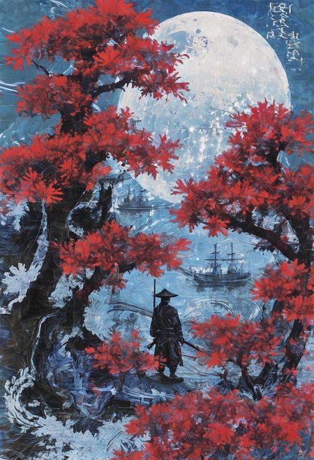 linquivera,  Ink illustration, (anime:0.5), brown tones, aged black red paper,Acer japonicum, inkpunk, surreal,  (at a distance), Will-o'-the-wisp, The city is in the background,moonlit, lonely, solitude, windy, tall trees, samurai sword fight, OverallDetail,Bonsai, bamboo grove,extremely detailed, UHD,(long exposure ,Radiant licorice, Red Japanese maples,dystopian but extremely beautiful:1.4),<lora:- SDXL - letitflrsh_let_it_flourish_V1.0:0.8> ,<lora:Cute_Collectible:1>, <lora:XL_boss_battle:0.6>  <lora:add-detail-xl:1>,  <lora:Concept Art Twilight Style SDXL_LoRA_Pony Diffusion V6 XL:1>,  <lora:MJ52:1>,CyberCity, (blue:1.3)，（red:1.4）,（yellow:1.2）,(harbor:1.3), (ship:1.2), neon lights, scenery, chinese_building, outdoors, road, night, sign, street, riot police, criminals,(bird eye view:1.2),