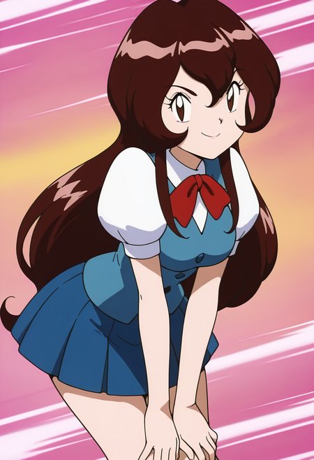 masterpiece, best quality, solo, curvy, beautiful eyes, aged up, large breasts, wide hips, narrow waist, 1girl, solo, smile, looking at viewer, zzGiselle, brown eyes, hair between eyes, brown hair, long hair,   red bowtie, puffy short sleeves, blue vest, buttons, blue skirt, smug,  <lora:GisellePokemon_IXL:1.0>,     bent over, hands on knees, side view, flirty smile, cowboy shot, looking at viewer,