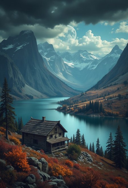 photo RAW,(autumn,mountains and a storm lake with a moon in the sky, old wooden slab home, 4k highly detailed digital art, 4 k hd wallpaper very detailed, impressive fantasy landscape, sci-fi fantasy desktop wallpaper, 4k wallpaper, 4k detailed hdr photography, sci-fi fantasy wallpaper, epic dreamlike fantasy landscape, 4k hd matte, 8k,Realistic, realism, hd, 35mm photograph, 8k), masterpiece, award winning photography, natural light, perfect composition, high detail, hyper realistic, (composition centering, conceptual photography), realistic, detailed, balanced, by Trey Ratcliff, Klaus Herrmann, Serge Ramelli, Jimmy McIntyre, Elia Locardi