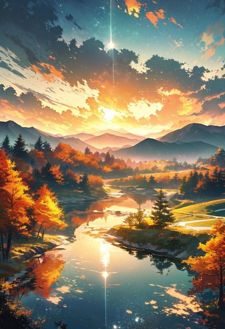 Create a breathtaking landscape that evokes awe and wonder. Picture a serene, pristine lake nestled among towering snow-capped mountains. The mountains should reflect perfectly in the crystal-clear water, with their peaks bathed in the golden hues of a setting sun. Surround the lake with a lush forest of evergreen trees, their rich green contrasting beautifully with the vibrant autumn foliage of nearby deciduous trees in shades of red, orange, and yellow. Add a meandering path along the lake’s edge, inviting viewers to imagine a peaceful walk. Include a clear, starry sky emerging as the sun sets, with a hint of the Milky Way visible. Enhance the scene with soft, glowing light to create a magical, almost otherworldly atmosphere.