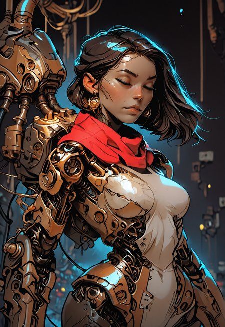 MythAn1m3, INCASE Style, , mcnm  Title: "Detailed Digital Artwork - Female Figure in Steampunk-Inspired Setting"  Art Style: A detailed digital artwork that combines elements of steampunk and fantasy aesthetics, focusing on intricate mechanical and organic details, a contemplative pose, and a fusion of fantasy and science fiction themes. The style emphasizes the mechanical nature of the subject while creating a serene atmosphere.  Subject & Details: The main subject is a female figure adorned with intricate mechanical and organic elements, predominantly in shades of silver, gold, and red. Her hair is styled in a voluminous, wavy manner, and she wears a red scarf wrapped around her neck. The figure's contemplative pose includes a slightly tilted head, closed eyes, and a serene expression on her face.  Visual Elements: The female figure's mechanical and organic adornments, voluminous hair, and red scarf contribute to the steampunk-inspired setting of the image. The industrial background elements, including metal structures, pipes, and machinery, add depth and visual interest while creating an ambient, muted light.  Composition: The composition focuses on the female figure's contemplative pose, with attention to detail in her facial expressions, body language, and physical characteristics that create a sense of introspection and serenity. The intricate details, fusion of fantasy and science fiction themes, and overall color palette add depth and visual appeal to the image while emphasizing the mechanical nature of the subject.  Additional Details: The detailed digital artwork portrays a female figure in a steampunk-inspired setting, with a focus on intricate mechanical and organic details, a contemplative pose, and a fusion of fantasy and science fiction themes. The overall composition, style, and color palette create a serene atmosphere while emphasizing the mechanical nature of the subject and her introspective pose. 1girl, solo, breasts, short_hair, black_hair, closed_mouth, medium_breasts, standing, closed_eyes, cowboy_shot, earrings, scarf, lips, blurry_background, depth_of_field, robot, science_fiction, red_scarf, arms_at_sides, realistic, android, cable, joints, mechanical_arms, cyborg, robot_joints, mechanical_parts, cyberpunk