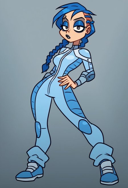 score_9, score_8_up, score_7_up, anna, 
solo,1girl ,breasts, braid, blue hair, long hair, braid,great shading,,open eyes, eyeshadow, blue eyeshadow,makeup,, eyebrow piercing, piercing, 
blue motosuit, 
standing pose, looking at viewer, full body
gray background,