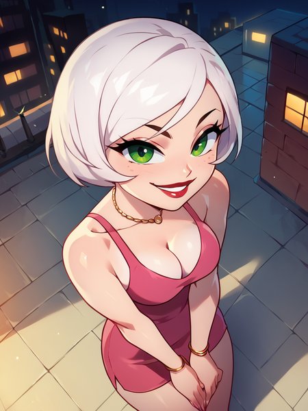 score_9, score_8_up, score_7_up, 1girl, cute pose, own hands together, smile, looking at viewer, smile, cowboy shot, (dynamic pose:1.1), dynamic angle, sexually suggestive, from above, sexy, city, day, warm lights, 
 <lora:ASedusa_character:1>, SedusaXLP, short hair, white hair, green eyes, makeup, pink dress, cleavage, jewelry, <lora:KajinmanLycoXL:0.7>