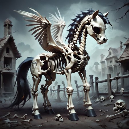 score_9, score_8_up, score_7_up, score_6_up, score_5_up, score_4_up, my little pony, ((feral pony)), side view, perfect side view, profile, short body, standing, solo, mare, static, female pony, long hair, straight hair, black hair, mare, short, short body, petite build, small, wide hips, big hips, (no humans), zkeleton, skeleton, (horse skeleton), pony skeleton, highly detailed, ghost, highly detailed, just bones, no flesh, graves, (cemetery), graveyard, detailed background, outside, outdoor, night, no face, exposed skull, pegasus, rotten wings, spread wings, head down, no eyes, terror theme, bones,