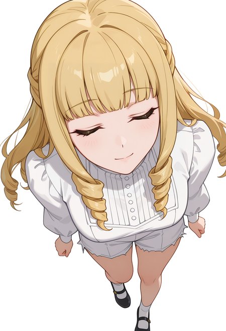 Smooth Quality,masterpiece,very intricate, high quality details, ultra realistic, high detailed skin,detailed enviorement,absurdres,
simple background, white background,
light smile, gentle expression, closed eyes, soft cheeks, relaxed aura,,dynamic angle,
robe,  ,bishop sleeve blouse,  ,frayed shorts,  , <lora:Fiatoio_Annacnn:0.7> fannacnn, 1girl, blonde hair, green eyes, long hair, blunt bangs, sidelocks, drill hair, mary janes,