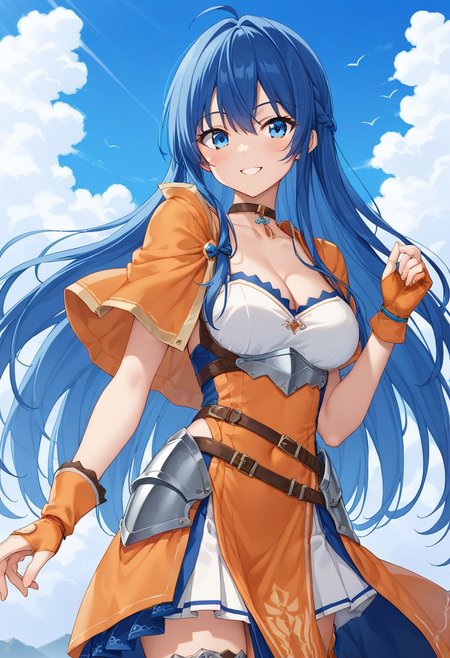 score_9, score_8_up, score_7_up, masterpiece, high quality, source_anime, 1girl, solo, cowboy shot, dutch angle, sky, smile, blush,
lilinafeh, blue eyes, blue hair, long hair,
orange cape, choker, armored dress, armor, cleavage, single orange glove, asymmetrical legwear