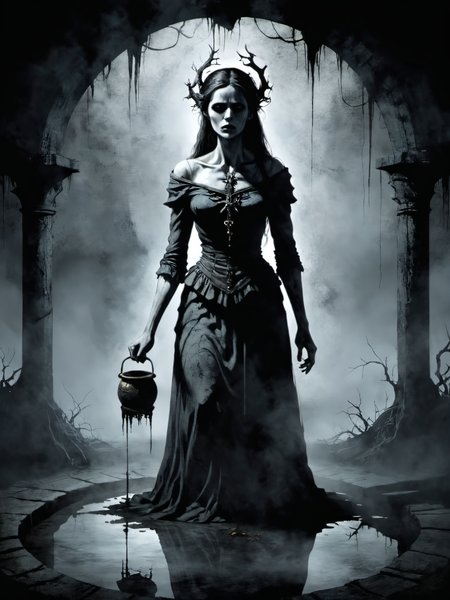 Horror-themed bold artwork,creative use of shadows and textures to create an image using negative space,"The Woman at the Well", . Eerie, unsettling, dark, spooky, suspenseful, grim, highly detailed