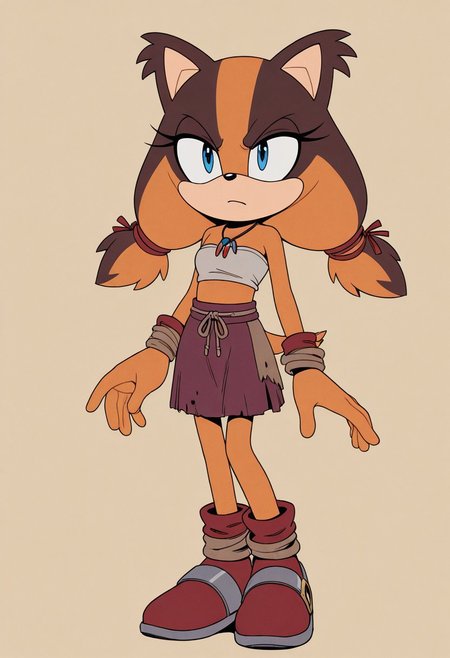 masterpiece, best quality, amazing quality, very aesthetic, absurdres, solo, 1girl, full body, sonic \(series\), 
solo,<lora:Perfect Hands:0.8> Perfect Hand,
<lora:TMoStH-Illustrious:0.9> tmosth, flat color, black shading, sloppy coloring, hatching \(texture\), furry, , masterpiece, detailed, absurd res, intricate details, 1girl, solo,Sticks the Badger, orange-brown skin, blue eyes, small breasts, tube top, skirt, shoes, necklace, jewelry,serious