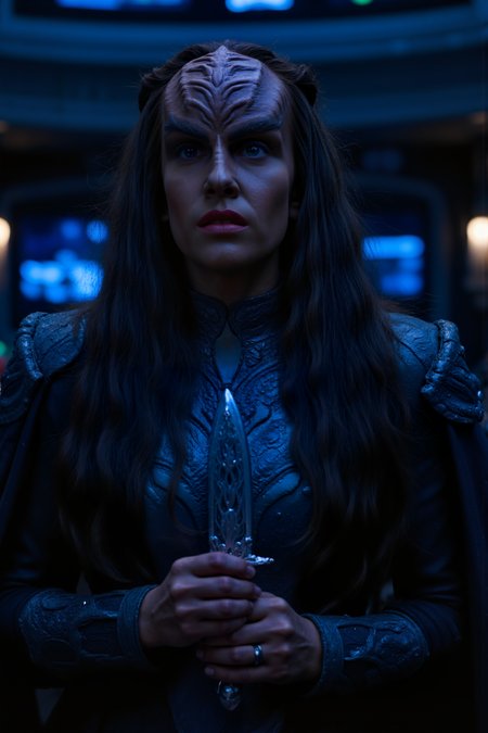 A hyper-realistic portrait, photorealistic photo close-up image of  In a dimly lit Klingon warship, a female commander stands at the helm, her powerful figure illuminated by the cold blue light of a distant planet. Behind her, the crew moves in disciplined silence, preparing for battle. She wears a battle-scarred armor, and her sharp ridges and piercing eyes reflect the brutality of countless victories. In her hand, she clutches a delicate, intricately carved daggerâa family heirloom passed down through generations, representing the honor of her house. The contrast between the sleek, deadly warshipâs steel and the intricate, personal artifact she holds creates a powerful juxtaposition. Around her, holographic maps flicker, marking targets for destruction. The silence of the room is punctuated by the quiet hum of engines and the anticipation of war. Her face betrays nothing, yet the tension between duty to her people and her personal legacy is palpable. (photography, high-resolution, dynamic, energetic,hyper-realistic, dramatic lighting, shallow depth of field.)<lora:aidmaMJ6.1-FLUX-V0.1:0.6><lora:Movie_Portrait><lora:Flux DetailerV2><lora:klingon_FLUX:1.1>