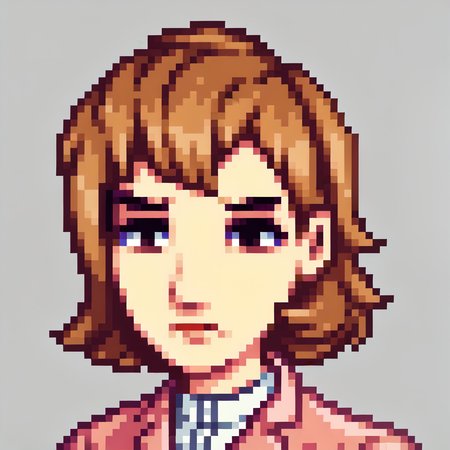 score_9, score_7_up, source_anime, 1girl, solo, frown, looking at viewer, <lora:Stardew-Valley-Portraits-pdxl_Fp:1> simple background, portrait, pixel art, white background, <lora:zs_ToriumiXL:1> toriumip3, short hair, brown hair, brown eyes, pink blazer