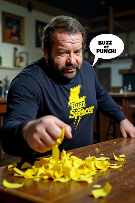 cinematic photograph of  badsp3ncer72 as he dynamically punches with his fist on a table. His shirt shows a big yellow lightning and the words "Buzz Spencer" like a logo in big letters. The big wooden table smashes and breaks down into pieces under his punch and great strength. From the table falls a great number of yellow lightnings onto the ground. He looks into the camera with a grim look. Next to his head is a speech bubble with the words "BUZZ or PUNCH!". The scenery is a old saloon of a western movie.   <lora:flux_train_replicate:2.0>