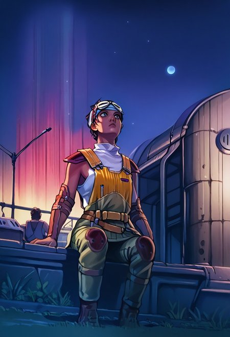 Detailed,traditional media,2d,Score_9, score_8_up, score_7_up, score_6_up, 1girl,( pvrti:1.3),  solo,  science fiction, 1girl,solo focus, (dark skin), night, aurora, outdoors, full moon, cowboy shot, dutch angle, sitting on a cargo container, looking up, content, Goggles, headband, suspenders, shoulder pads