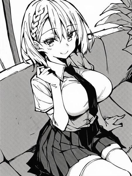 score_9, score_8_up, score_7_up,  
1girl, monochrome, kokonoe moka, white hair, medium hair, braid, large breasts,

sitting, couch, smile, closed mouth, looking at viewer, white shirt, necktie, school uniform, pleated skirt, white thighhighs, white elbow gloves,
