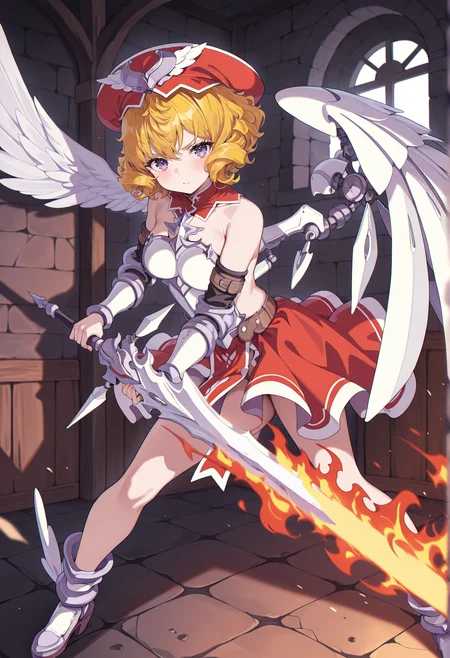 1girl, blonde hair, short hair, purple eyes, single mechanical wing, single angel wing, hat, winged hat, sideless outfit, armored dress, skirt, medium breasts, boots, winged footwear, indoors, dungeon, holding flaming sword, fighting stance  <lora:laila_qb:1> looking at viewer,, masterpiece, best quality, amazing quality, very aesthetic, absurdres, highres, newest