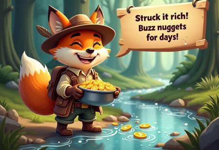 A young, adventurous fox dressed like an old-school prospector stands beside a bubbling creek in a lush forest. The fox’s outfit is straight out of a gold rush scene—he wears a wide-brimmed hat with a feather sticking out, a dusty vest, and patched-up pants. Slung over his shoulder is a worn, leather satchel, and in his hands, he grips a pan filled with sparkling water and tiny, coin-shaped buzz gems glinting under the sunlight.
The creek sparkles with a scattering of these buzz coins, round with a faint lightning bolt symbol in their centers. The fox’s tail swishes in excitement as he grins widely, showing off a toothy, triumphant smile. In the background, you can see tall trees with beams of sunlight filtering through, casting a warm glow on the scene.
Above him, a text bubble reads:
“Struck it rich! Buzz nuggets for days!”
The whole image captures the thrill of discovery, with the fox prospector’s sheer joy and excitement over his unexpected find in this serene, woodland setting.