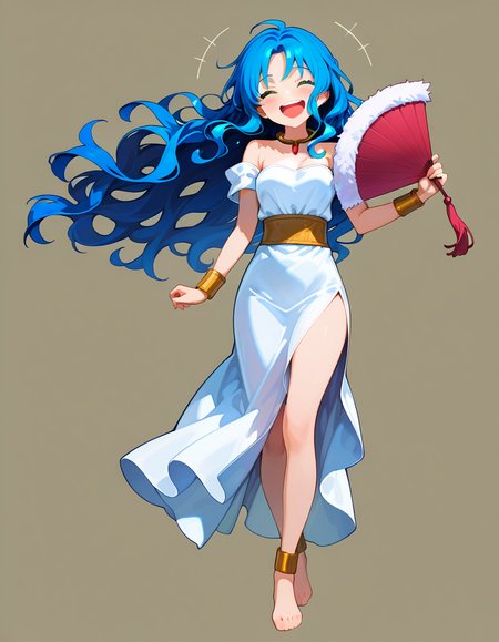 <lora:Prulue_SDXL_Illustrious01_fp16_ver01:1>,Prulue,white dress, 1girl, solo, blue hair, long hair, green eyes, barefoot,necklace,anklet,bracelet, wavy hair,smile,closed eyes,laughing, holding fan,<lora:HairintakesEraser_v01_illustrious_10steps:1.5>, masterpiece, best quality, very aesthetic, absurdres,<lora:detailed_hands:1>,hand