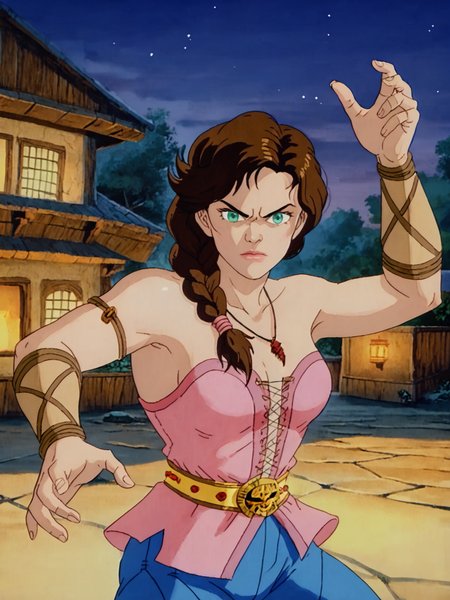 score_9, score_8_up, score_7_up,1girl,  solo, jezmineconanadv, turquoise eyes, brunette hair, long hair, braid, <lora:100_jezmine_pdxl:1>, pink jez bustier, deep cleavage, armband, necklace, outdoors,looking at viewer, medium breasts, bare shoulders,  night, blue stitched pants, gold belt,  outside tavern, fighting stance, determined, view from above, bare back, back, bracers, vambrace