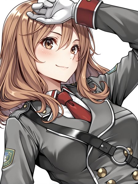 masterpiece,best quality,newest,
1girl,solo,
<lora:rail_clave_ilxl_v1.2:1>,rail_clave,brown hair,brown eyes,r_uniform,red necktie,ä¸ï·¿åå¸,military uniform,white gloves,<lora:Fixhands_anime_bdsqlsz_V1:1>,cinematic_angle,dynamic_angle,white_background,simple_background,face_focus,looking_at_viewer,light_blush,smile,upper_body,hand_in_hair,profile,from_above,from_side,