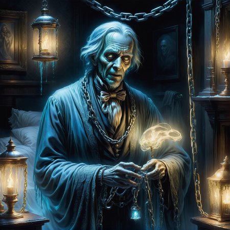 Translucent and shimmering, the Ghost of Jacob Marley haunts the confines of Ebenezer Scrooge's darkened bedroom. Draped in heavy chains, each link clinking with the weight of past misdeeds, Marley's spectral presence illuminates the room with an eerie, blue ethereal glow. <lora:SDXLFrosted:0.5> FrostedStyle,  <lora:add-detail-xl:0.8>