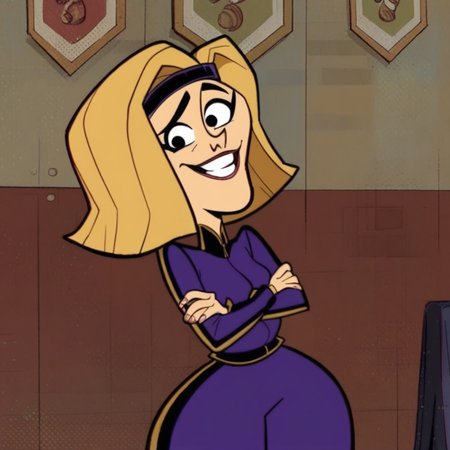 Coach Greer, 1girl, solo, purple tracksuit, headband, blonde hair, large hips, smile, score_9, score_8_up, score_7_up