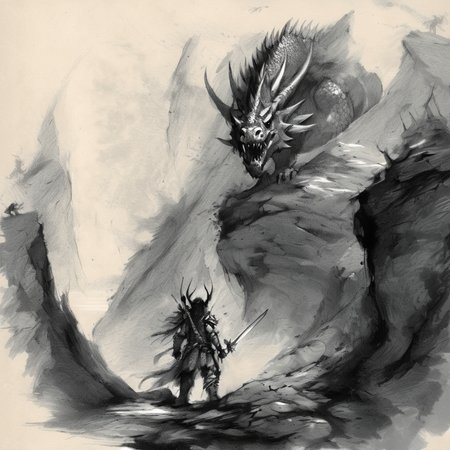 drawix8 a warrior  with a sword stands in front of a rock with a dragon cave, expressive drawing, dragon land in the background, dark atmosphere <lora:drawix8:1>