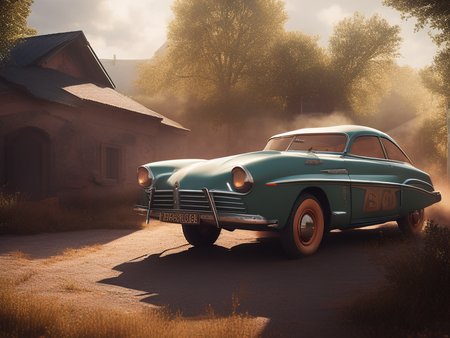 village with oldtimer car, retrofutur5-400, carhelper, god rays, dust particles, volumetric lighting, 10mm, perfect composition, depth of field, sharp focus, centered, photohelper midjourney Style-Winter