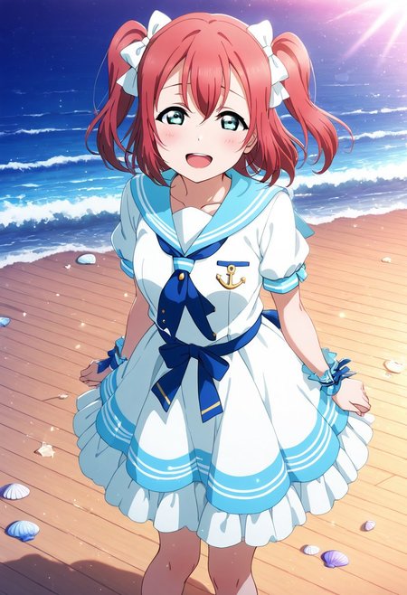 masterpiece, best quality, solo, 1girl, aged up, happy, 
 ruby_kurosawa, kurosawa_ruby, short hair, bangs, red hair, aqua eyes, green eyes, two side up, seaside idol outfit, sailor-inspired dress, blue ribbon tie, seashell accessories, anchor motif, boardwalk stage near the ocean, summer sun glinting off the waves, gentle breeze, cheerful and sunny performance, shy excitement in her eyes