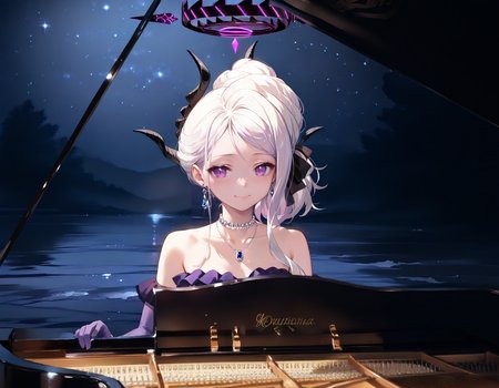 score_9, score_8_up, score_7_up, source_anime, 
1girl,  <lora:hina-dress_blue archive_PONY_last:1>, hina-dress, hina \(blue archive\),purple eyes, white hair,ponytail,(horns:1.2),hair ribbon,low wings,halo,frilled dress,elbow gloves,pantyhose,purple footwear,high heels,
outdoors, norwegian lake, stage, night, starry sky, 
sitting, playing instrument, piano, implied playing piano, playing piano, 
upper body, music, musical note, grand piano, small smile, seductive smile, closed mouth, playing_piano_front_view, <lora:Playing_piano_front_view:1>, rating_questionable,
masterpiece, best quality, 8k, UHD, detailed background, cinematic lighting,  zPDXL3 , <lora:add-detail-xl:1>