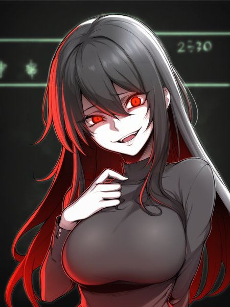 Masterpiece, Best Quality, Best Score, Best Anatomy,
 <lora:ebiblue_Artist_Style_IllustriousXL:1>,1girl, looking at viewer, gesugao, open mouth, evil smile, long hair, long sleeves, red eyes, hair between eyes, large breasts,
