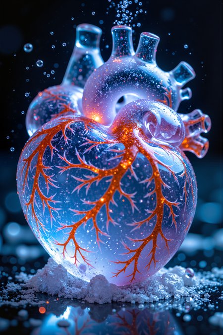 A hyper-realistic portrait, photorealistic photo close-up image of A crystal heart pulsating softly, its surface carved from translucent ice that glows with an inner light. The ice seems alive, shifting colors from a soft blue to a deep violet as it beats. Embedded within the heart are delicate, swirling veins of liquid gold, slowly circulating like blood through the icy chambers. The surface is smooth yet jagged at the edges, with tiny frost patterns forming and melting continuously. Each beat sends out a faint mist, crystallizing into tiny snowflakes that hover around the heart before evaporating into thin air. (photography, high-resolution, dynamic, energetic,hyper-realistic, dramatic lighting, shallow depth of field.), detailmaximizer, MythP0rt<lora:midjourney_whisper_flux_lora_v01:0.55><lora:aidmaMJ6.1-FLUX-V0.1:0.4><lora:FluxMythP0rtr4itStyle:0.4><lora:detailed_flux_ntc:2.2><lora:aidmaImageUpgrader-FLUX-V0.1:0.65>