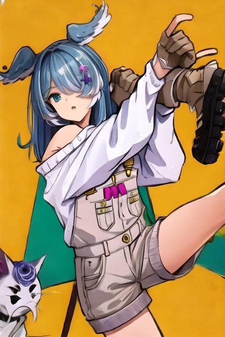 solo, 1girl, solo_focus, (((masterpiece))), ((best quality)), ((ultra-detailed)), high resolution, absurdres, highres, ultra-detailed 8k unity wallpaper, 
elira1st, long sleeves, overalls, white sweater, off shoulder, grey gloves, one eye covered, overall shorts