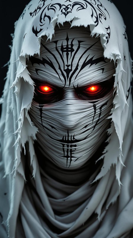 The character in the image is an intimidating figure shrouded in mystique, resembling a dark, mystical mummy or an otherworldly warrior. Their face is almost entirely wrapped in white bandages intricately layered with black accents, leaving only piercing, glowing red eyes visible—emanating an intense and ominous energy. Above the eyes, sharp black tribal-like markings and symbols are inked onto the skin, enhancing the character's arcane and sinister aura. The tattered white hood draped over the head features similar cryptic symbols and frayed edges, suggesting ancient wear or ritualistic significance. The entire design evokes a powerful, enigmatic being, possibly a guardian, cursed entity, or dark avenger with a supernatural essence.