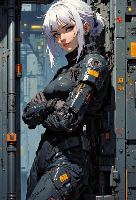cyber woman smiling happily, with white hair, arms crossed around waist, standing with legs crossed, leaning back against wall, posing, looking into camera, in the style of dark gray and light black, smooth brushwork, sharp edges, dark gray, mechanical designs, sharp focus, cinematic, 8k, unreal engine, render, clean, quality