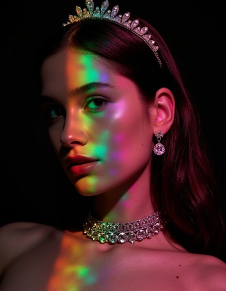Extreme closeup of a multicolored woman with face bathed in patterned light, deep shadows, interesting play between light and shadows, black studio background, retro scan, lofi, pastel colors, grainy, vintage, colorful polaroid with vibrant colors, color splash, internal glow, subsurface scattering, splash art, an elegant massive necklace shimmers in the rays of the sun, elegant tiara, 
<lora:sameface2:-0.6>