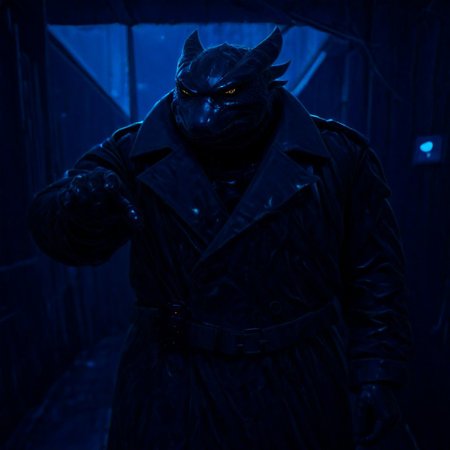 Dragonborn with trench coat in the rain running in the street pointing blade runner blaster toward the camera, easynegative, Dragonborn, furry dragon, Blade runner, bldrnrblstr, well lit, Blade Runner ,Blade Runner Style,  light bloom