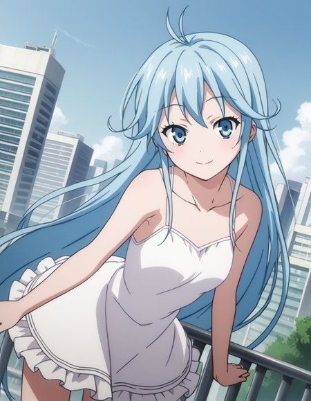 score_9, score_8_up, score_7_up, source_anime,
eriotouwa, <lora:erio-touwa-s1-ponyxl-lora-nochekaiser:1>,
erio touwa, long hair, blue eyes, very long hair, blue hair, ahoge, antenna hair,
dress, bare shoulders, white dress, frills, collarbone, frilled skirt, spaghetti strap,
outdoors, cityscape, bent over, smile,
looking at viewer, cowboy shot, dutch angle, solo,