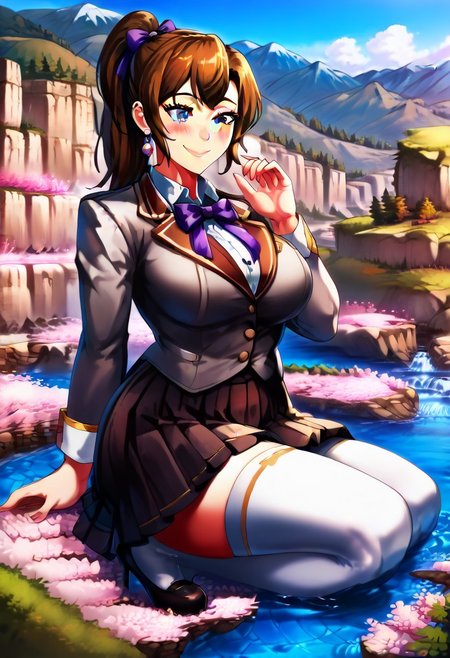 score_9, score_8_up, score_9_up, masterpiece, high quality, highly detailed, clean face, 1woman, 1girl, solo, shiny skin, soft focus, ray tracing, (ultradetailed background), (detailed face:1.2), ultradetailed face, mother_sv, brown hair, ponytail, skirt, shirt, thighhighs, long sleeves, bow, ribbon, cute, eyelashes, school uniform, jacket, hair ribbon, white shirt, pleated skirt, collared shirt, miniskirt, bowtie, black skirt, white thighhighs, lavender ribbon,blazer, white jacket, lavender bowtie, grey jacket, black heels shoes, no chibi, f<lora:(p)NiceNature:1> <lora:loraeyesxl:0.5>, larger than mountains, towering over mountains, bigger than mountains, taller than mountains, big breasts, giantess full body shots, giantess, giant, goddess, divine goddess, size difference, confident, slight smile, closed mouth, blushing, long legs, extremely beautiful, sexy, scenery, holding a city, scared tiny people, cherry blossom forest background, mountain valley landscape, cherry blossom forest, blue sky, mountains, fantasy, landscape, <lora:giantess:1>, sitting on ass, forest, lake of water, giga giantess, gts, cliff, giantess sitting on mountain cliff, water ripples, looking down, positioned at a the right side, gorgeous lips, cinematic, (masterpiece), (best quality), (ultra-detailed), very aesthetic, perfect composition, intricate details, absurdres, detailed face, (anime, masterpiece, intricate:1.3), (best quality, hires textures, high detail:1.2),