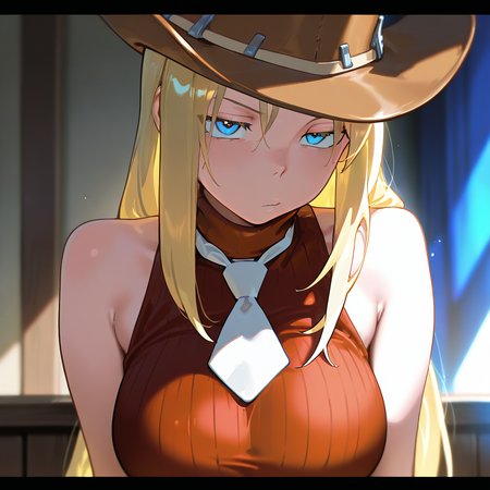 masterpiece, best quality, amazing quality, very aesthetic, absurdres,  newest, volumetric lighting,
souleaterstyle,,elisabeth,
,1girl,solo,long hair,blue eyes,blonde hair,hat,bare shoulders,white necktie,letterboxed,sleeveless turtleneck,red clothes,cowboy hat,
,masterpiece, best quality, amazing quality, very aesthetic, absurdres,  newest, volumetric lighting,
, <lora:soul_eater_illustrious:0.8>,